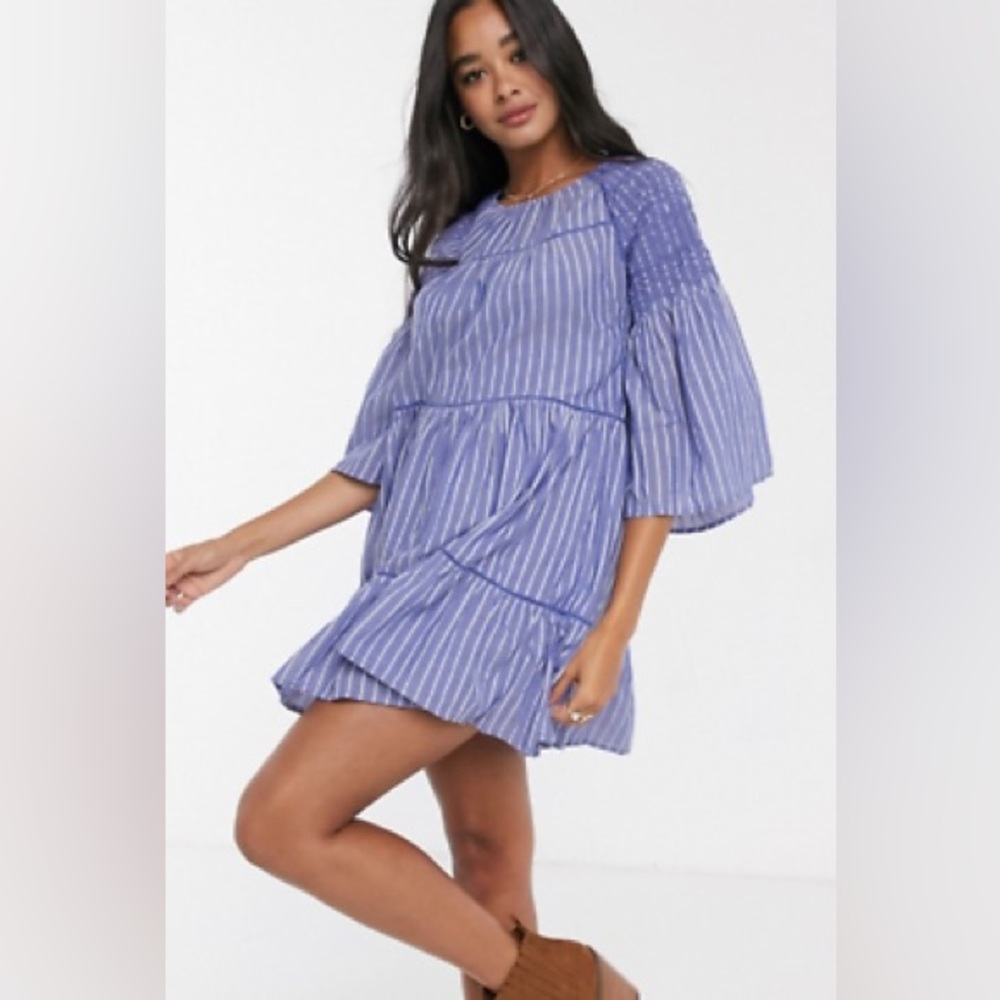 Free People Lola Blue Boho Striped Mini Dress with Tassels